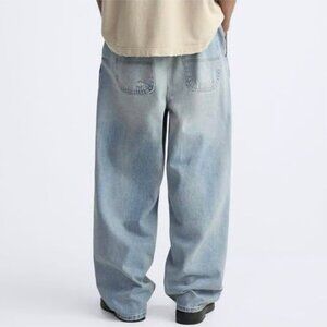 Zara Men Blue 100% Cotton Relaxed Baggy Fit Y2K Distressed Jeans Size 32